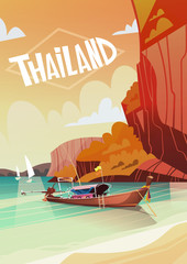 Thailand Landscape Long Tail Boat Seascape Beautiful Asian Beach Seaside View Flat Vector Illustration