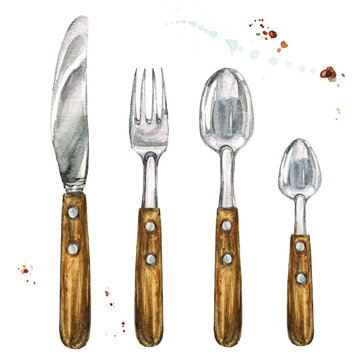 Cutlery. Watercolor Illustration.