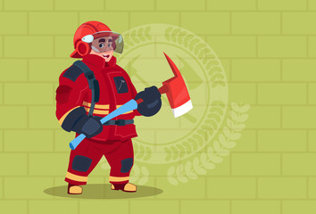 Fireman Holding Hammer Wearing Uniform And Helmet Adult Fire Fighter Stand Over Brick Background Flat Vector Illustration