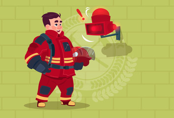 Fireman Hear Alarm Wearing Uniform Hold Helmet Ready Fire Fighter Stand Over Brick Background Flat Vector Illustration