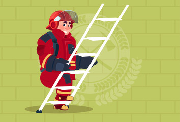 Fireman Climb Ladder Up In Uniform And Helmet Adult Fire Fighter Over Brick Background Flat Vector Illustration
