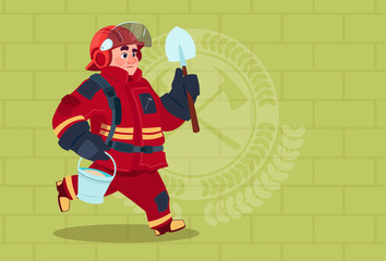Fireman Running With Shovel And Bucket Uniform And Helmet Adult Fire Fighter Over Brick Background Flat Vector Illustration
