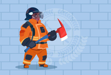 African American Fireman Holding Hammer Wearing Uniform And Helmet Adult Fire Fighter Stand Over Brick Background Flat Vector Illustration