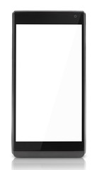 Front view of black smartphone with empty white screen isolated on white background. Smart phone with clipping path