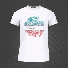 Original print for t-shirt. White t-shirt with fashionable design - Picturesque coral reef. Vector Illustration