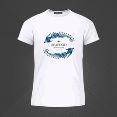Original print for t-shirt. White t-shirt with fashionable design - Two decorative fish. Vector Illustration