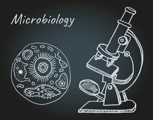 Sketch of the microscope and ciliates on a dark background. Vector