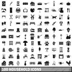100 household icons set, simple style 