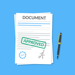 Approved document with stamp and pen. Modern flat design graphic elements. Approved application concepts. Vector illustration in flat style isolated on color background. Top view.