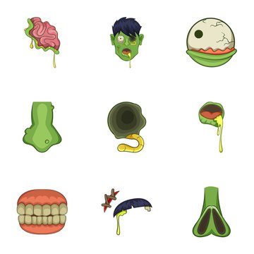 Zombie icons set, cartoon style