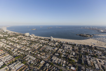 Aerial view of homes and streets in the Alamitos Beach neighborhood of Long Beach, California.   