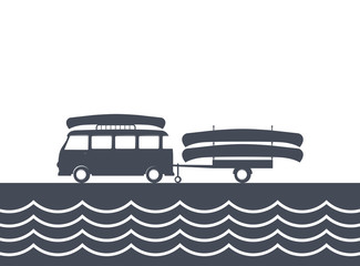 Monochrome camping bus with canoe and trailer
