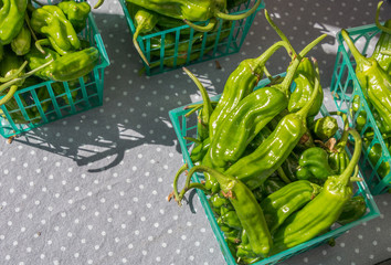 Green jalapeno peppers in green baskets on a table