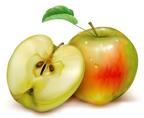 Whole and half of apples on white background