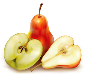 Whole and cut pears and apple