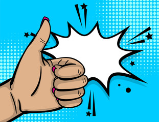 Pop art comic text cartoon cool woman hand show finger thumb up. Comic text speech bubble. Human girl wow ok, good poster halftone background. Gesture advertisement arm message. Vector illustration.