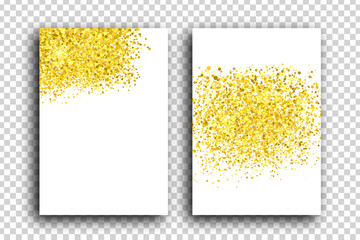 Vector set of realistic isolated greeting cards with golden glitter for celebration and covering on the transparent background. Concept of happy birthday, party and holidays.
