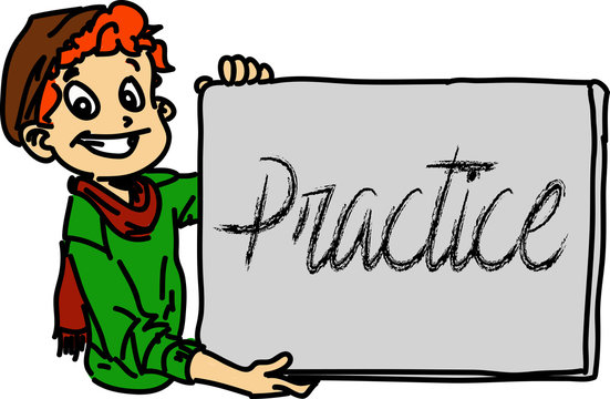 Boy showing whiteboard with the write "Practice"