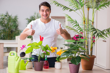 Young man in gardening concept at home