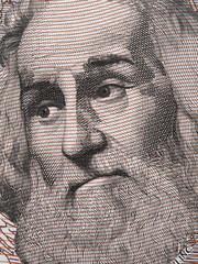Marco Polo portrait on Italian 1000 Lire banknote closeup macro. Famous traveler, explorer, discoverer, cartographer.
