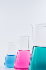 science and clinic background. Chemical and Medical laboratory research.  laboratory beakers with colorful liquids and reagents.
