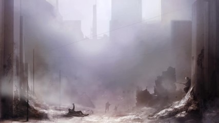 Illustration of a world war 2 daylight battle scene with soldiers and destroyed buildings background.