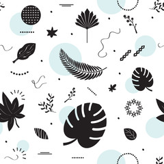 Black silhouette summer and tropical leaves pattern on white background
