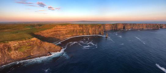 Aerial birds eye view from the world famous cliffs of moher in county clare ireland. beautiful...