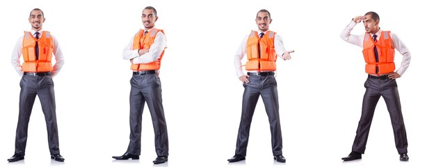 Obraz premium Man in life jacket isolated on white