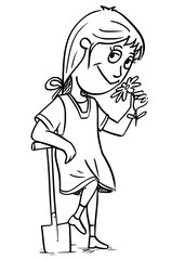 Cartoon Illustration of Girl with Shovel and Flower