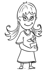 Cartoon Illustration of Girl Holding Flower Pot Flowerpot