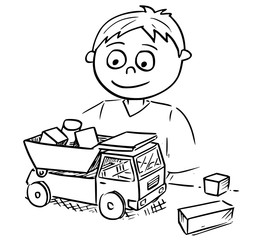 Cartoon Illustration of Boy Playing with Toy Car and Wooden Bricks Blocks