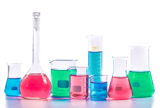 Chemical and Medical laboratory research.  glassware with colorful liquids and reagents. laboratory beakers and glassware 