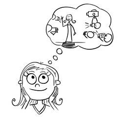 Cartoon Illustration of Girl Dreaming About Live of Movie or Pop Star Celebrity