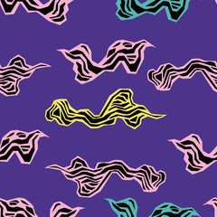 Marine seamless pattern with stylized waves on a violet background. Water Wave abstract design. Colorful seaweed stylized.