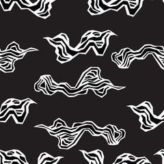 Marine seamless pattern with stylized waves on a black background. Water Wave abstract design. Seaweed stylized.