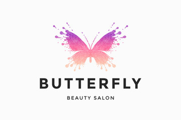 Label of beauty salon with colorful red-pink butterfly and text Butterfly. Emblem template for branding, design elements. Sign, label, identity, badge for business brand. Vector Illustration