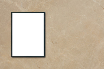 Mock up blank poster picture frame hanging on brown marble wall in room - can be used mockup for montage products display and design key visual layout.