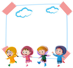 Paper background template with children in raincoats