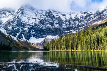 reflective calm lake with mountain cliffs and trees