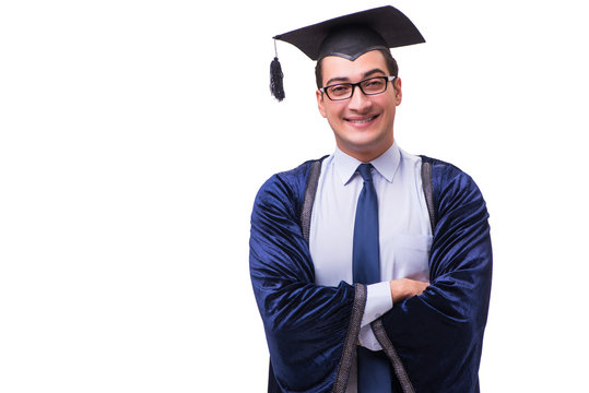 Young man student graduating isolated on white