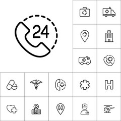 24 hour, around the clock call suppot icon on white background