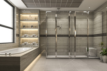 3d rendering modern loft bathroom with luxury tile decor with nice view from window