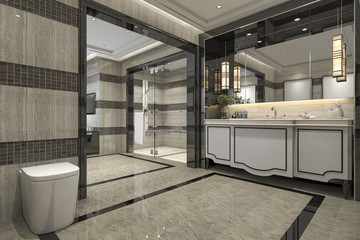3d rendering modern loft bathroom with luxury tile decor with nice view from window