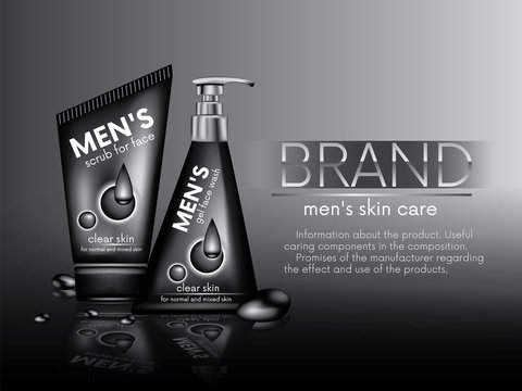 Ready-made design of stylish 3d bottles of male scrub and gel for face washing.The concept of an advertising campaign and corporate identity men's cosmetics.Vector illustration.Realistic bottles.