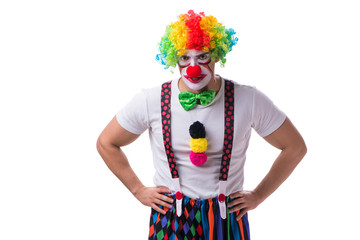 Funny clown acting silly isolated on white background
