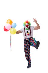 Funny clown with balloons isolated on white background