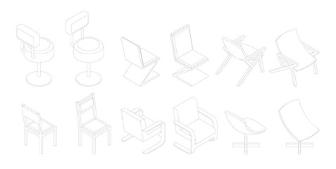 Isometric outline chairs set. Bar, office vector chair.