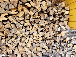 Dry , split firewood stacked.