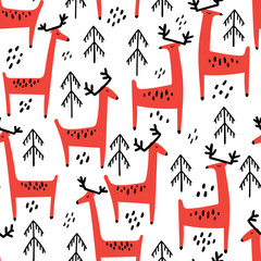 Red funny deer seamless vector pattern